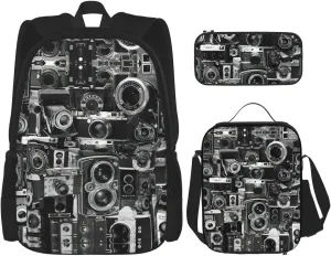 Retro Cool Camera Collection Lightweight Backpack For Backpack With Insulated Lunch Tote And Pencil Case Bag Set
