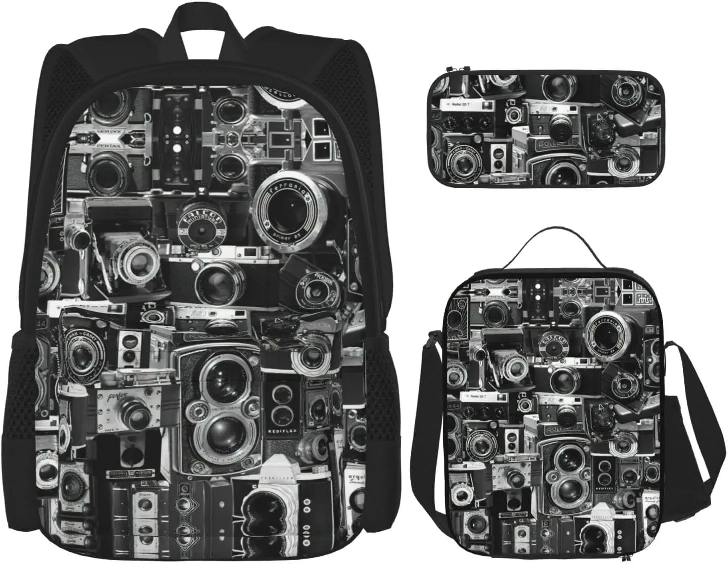 Retro Cool Camera Collection Lightweight Backpack For Backpack With Insulated Lunch Tote And Pencil Case Bag Set
