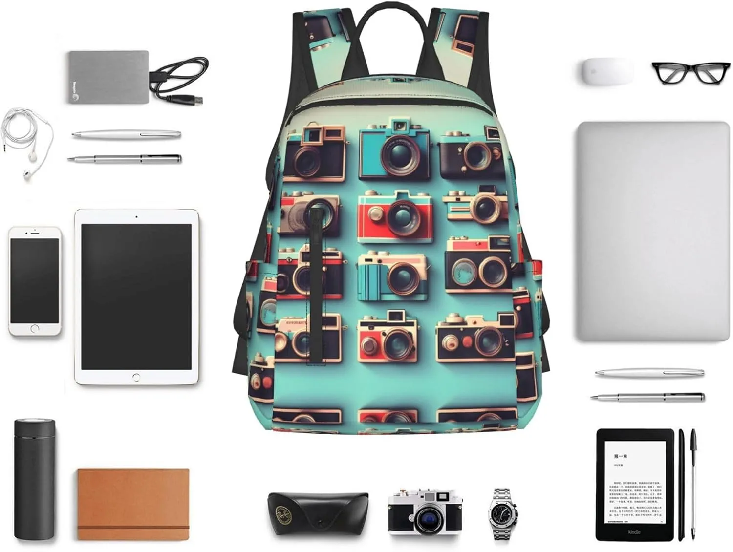 Retro Cool Camera Collection Print Lightweight Backpack, Travel Bookbag College Bag,Laptop Backpack For Men Women