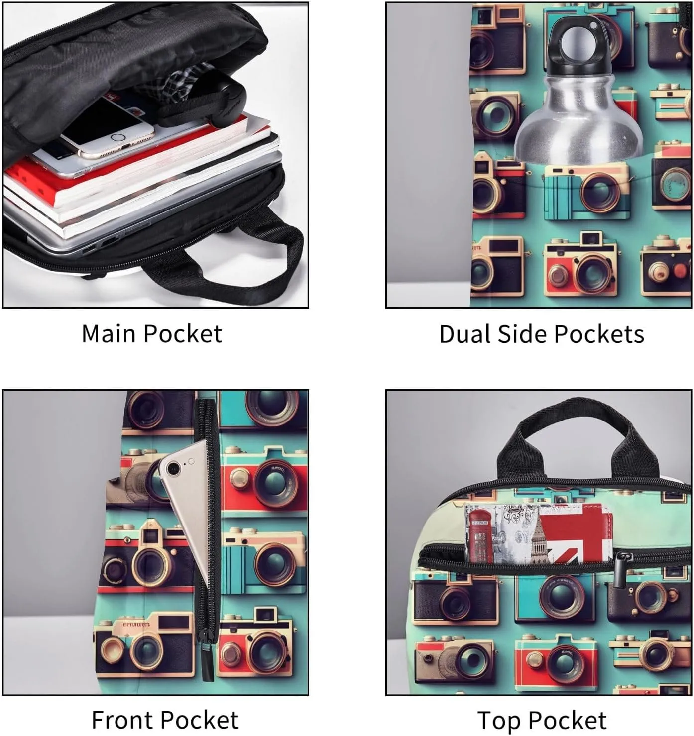 Retro Cool Camera Collection Print Lightweight Backpack, Travel Bookbag College Bag,Laptop Backpack For Men Women