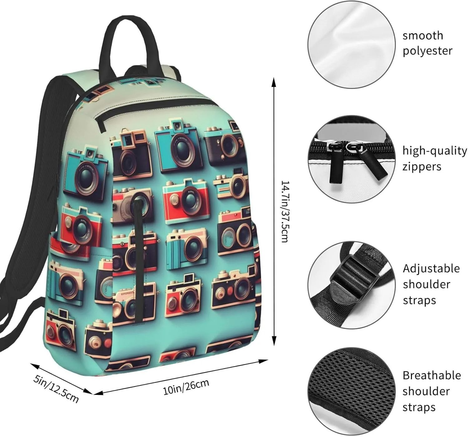 Retro Cool Camera Collection Print Lightweight Backpack, Travel Bookbag College Bag,Laptop Backpack For Men Women