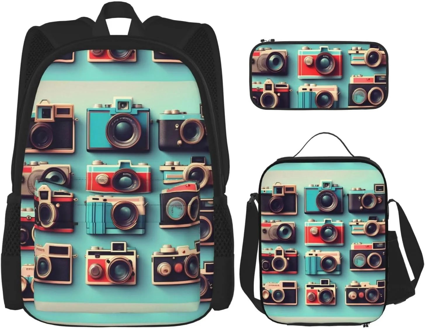 Retro Cool Camera Collection Print Unisex Stylish Travel Backpack Set With Insulated Lunch Bag,Adjustable Straps