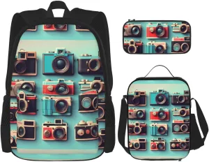 Retro Cool Camera Collection Print Unisex Stylish Travel Backpack Set With Insulated Lunch Bag,Adjustable Straps