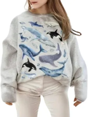 RICHTRUE Womens Oversized Sweatshirts No Hood Graphic Sweater Y2k Pullover Preppy Printed Long Sleeve Shirt Whale Shark Shirt