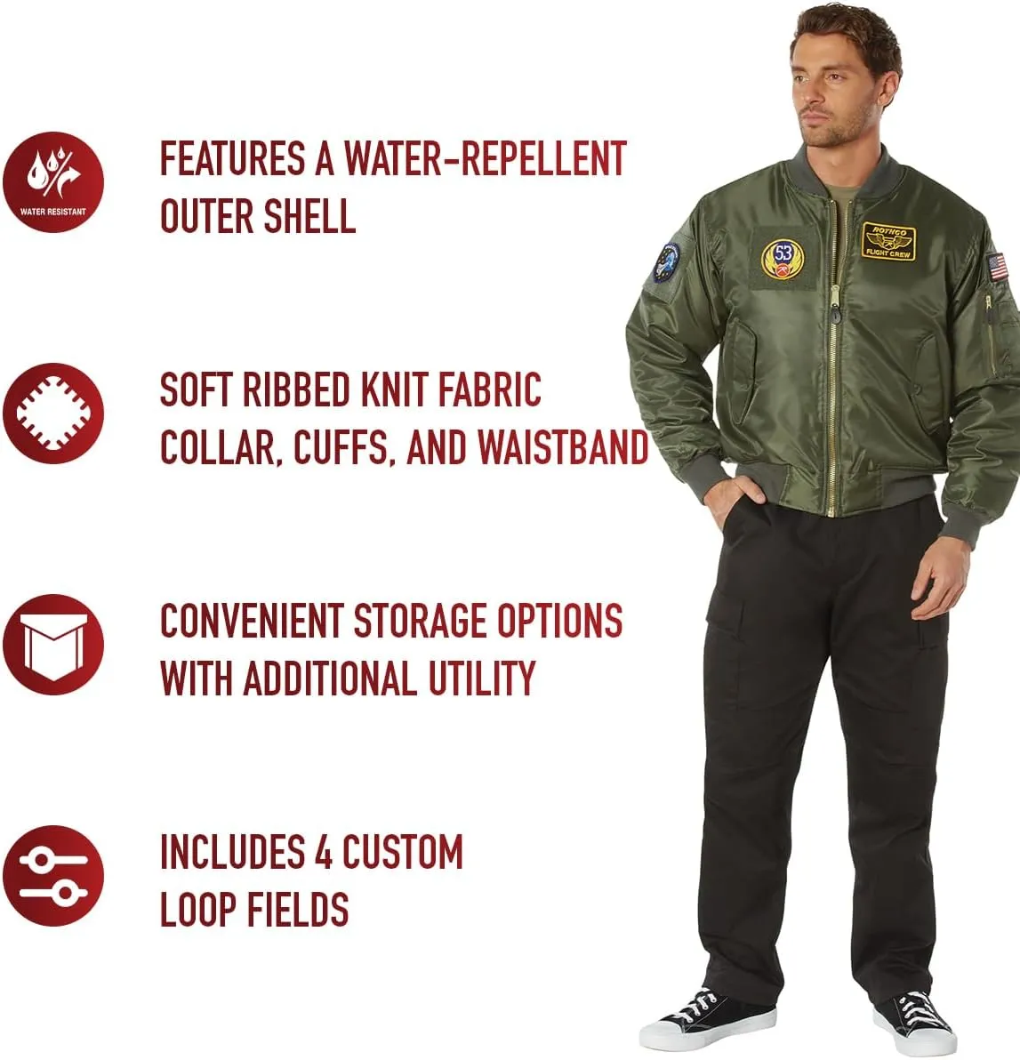 Rothco Flight Jacket with Patches - Classic Cold Weather Bomber Jacket with Morale Patches Included