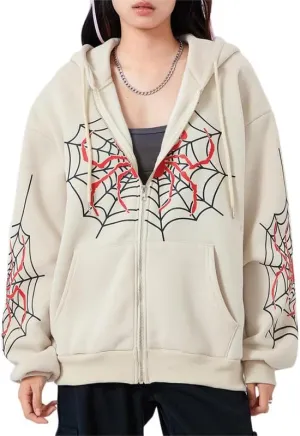 Sastianaen Women Y2k Zip Up Hoodies Gothic Spider Print Sweatshirt Vintage Graphic Oversized Fairy Grunge Jackets