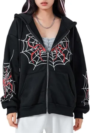 Sastianaen Women Y2k Zip Up Hoodies Gothic Spider Print Sweatshirt Vintage Graphic Oversized Fairy Grunge Jackets