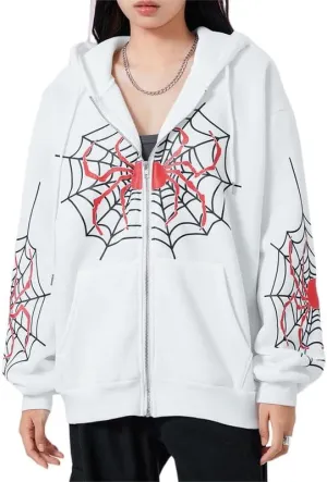 Sastianaen Women Y2k Zip Up Hoodies Gothic Spider Print Sweatshirt Vintage Graphic Oversized Fairy Grunge Jackets
