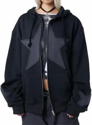 Sastianaen Women Y2k Zip Up Hoodies Gothic Star Print Sweatshirt Vintage Graphic Oversized Fairy Grunge Jackets Streetwear