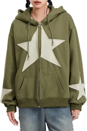 Sastianaen Women Y2k Zip Up Hoodies Gothic Star Print Sweatshirt Vintage Graphic Oversized Fairy Grunge Jackets Streetwear