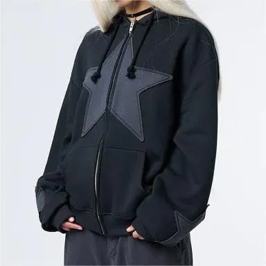 Sastianaen Women Y2k Zip Up Hoodies Gothic Star Print Sweatshirt Vintage Graphic Oversized Fairy Grunge Jackets Streetwear