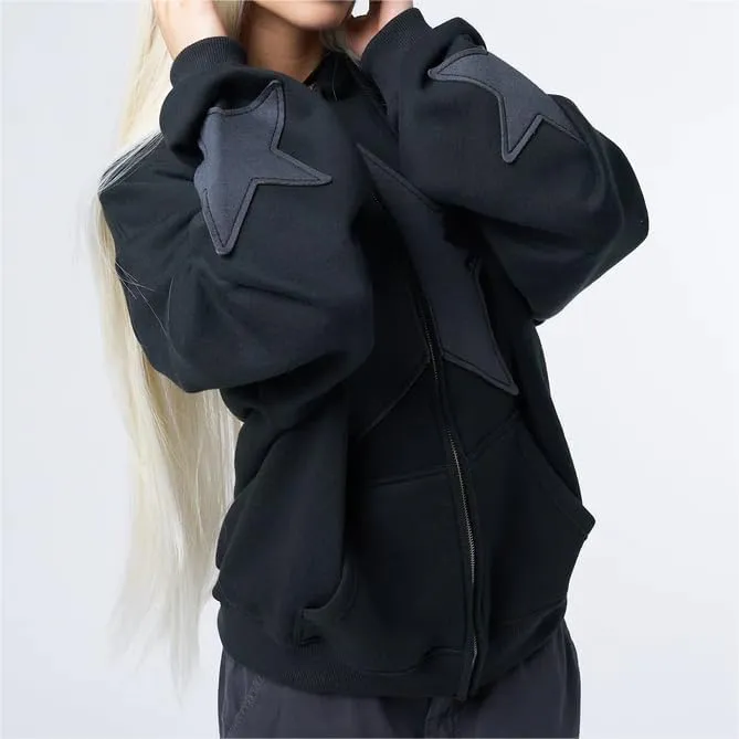 Sastianaen Women Y2k Zip Up Hoodies Gothic Star Print Sweatshirt Vintage Graphic Oversized Fairy Grunge Jackets Streetwear