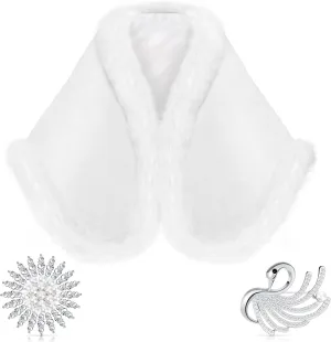 SATINIOR 1920s Faux Fur Wrap Shawl Women's Fur Cloak Cape Shawl Luxury Bridal Cape Pearl Rhinestone Brooches