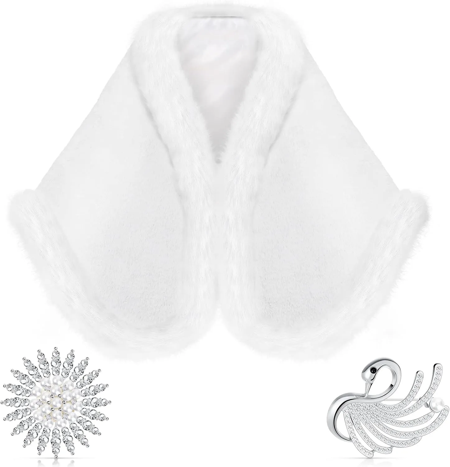 SATINIOR 1920s Faux Fur Wrap Shawl Women's Fur Cloak Cape Shawl Luxury Bridal Cape Pearl Rhinestone Brooches