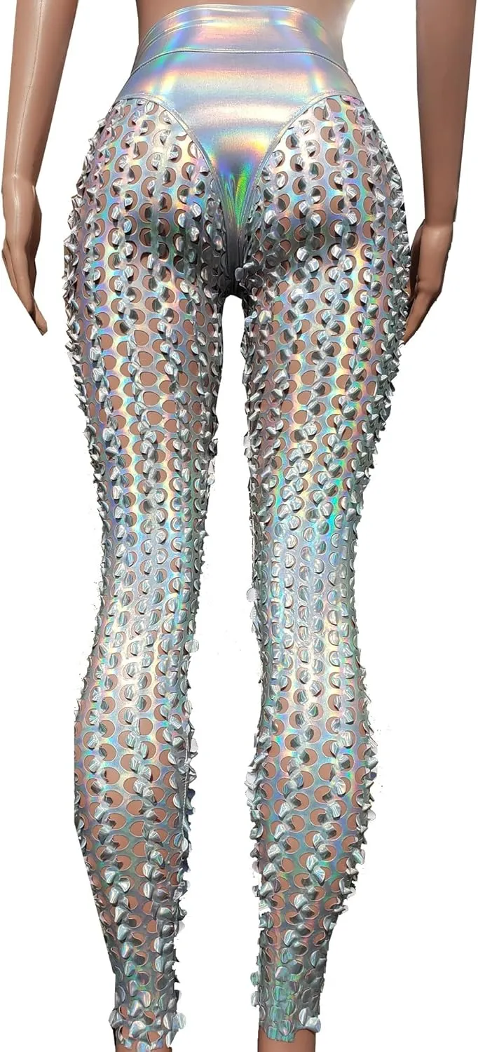 Sexy Rave Outfits for Women Music Festival Outfits Holographic High Waist Butt Lifting Thong Leggings