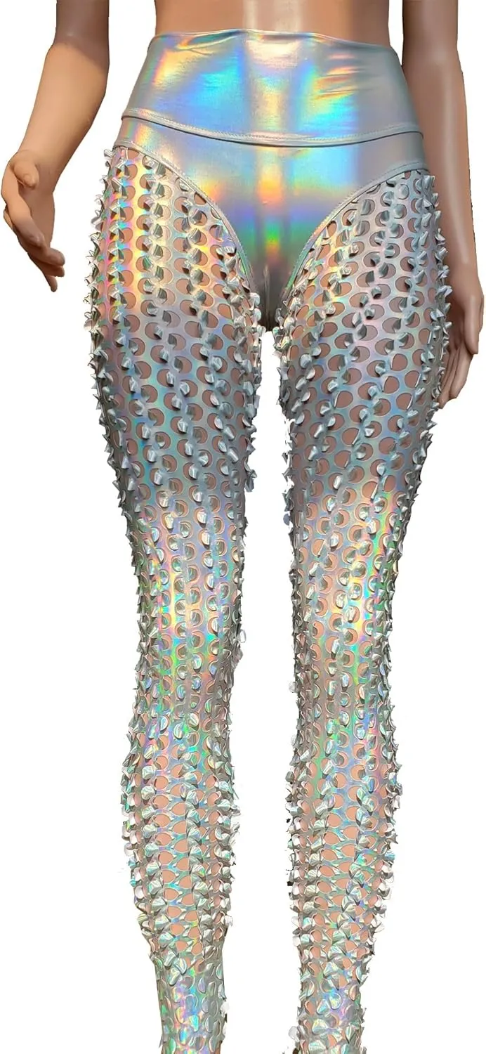 Sexy Rave Outfits for Women Music Festival Outfits Holographic High Waist Butt Lifting Thong Leggings