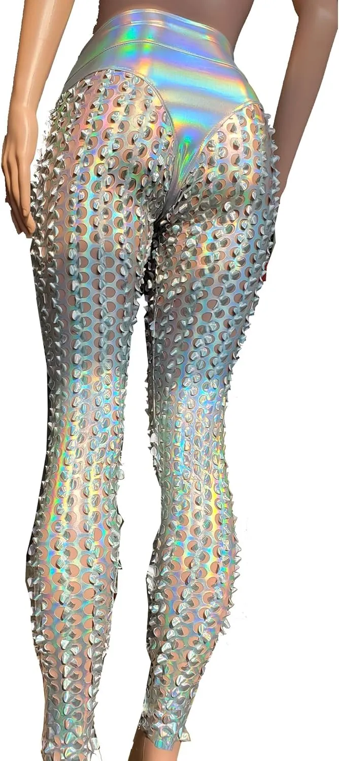 Sexy Rave Outfits for Women Music Festival Outfits Holographic High Waist Butt Lifting Thong Leggings