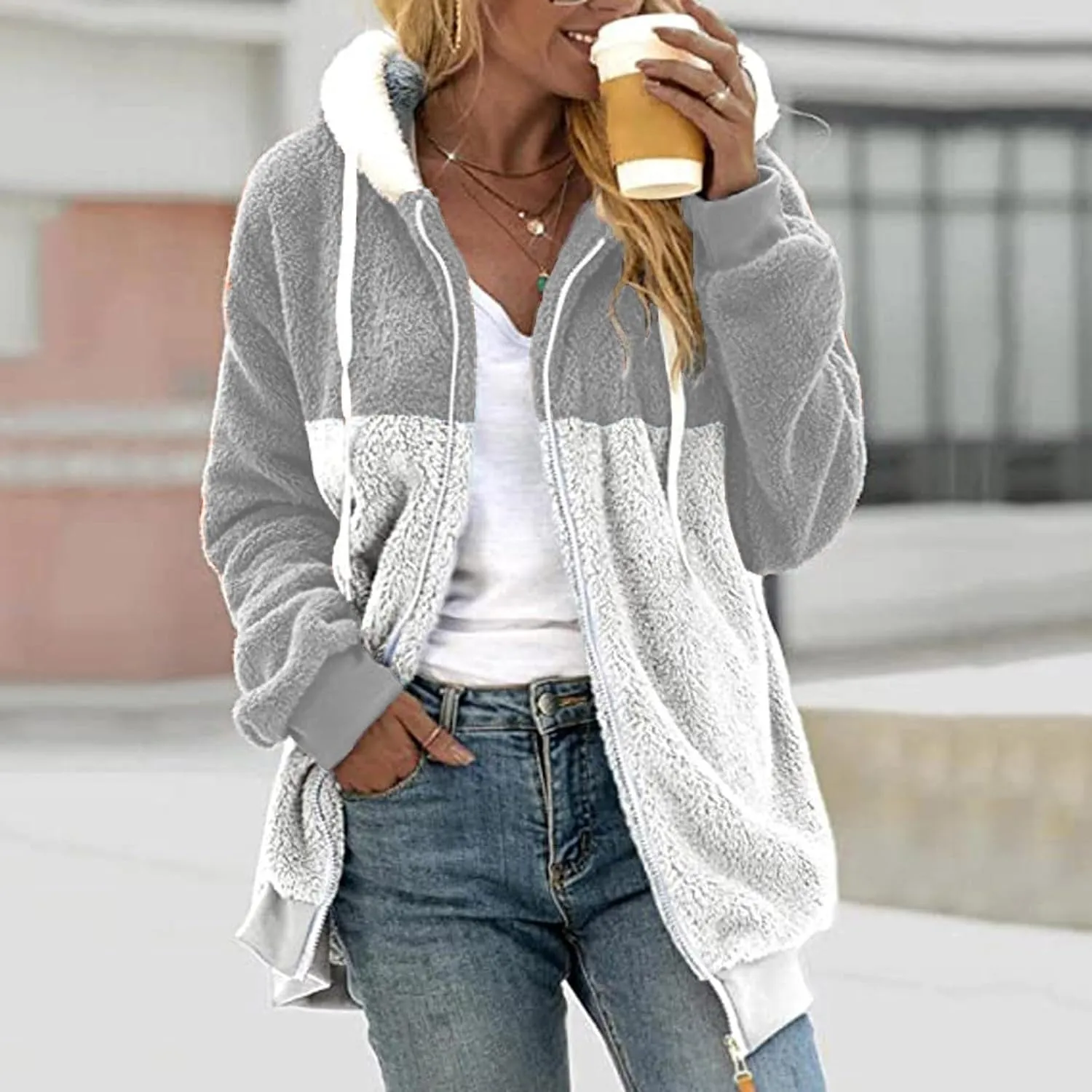 SHAOBGE Jacket Cotton Women's Fashion Casual Patchwork Hooded Zipper Pocket Plush Sweater Jacket Women's Casual Jackets