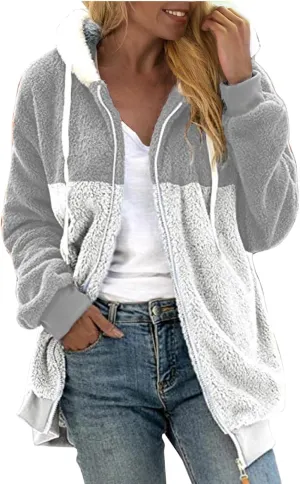 SHAOBGE Jacket Cotton Women's Fashion Casual Patchwork Hooded Zipper Pocket Plush Sweater Jacket Women's Casual Jackets