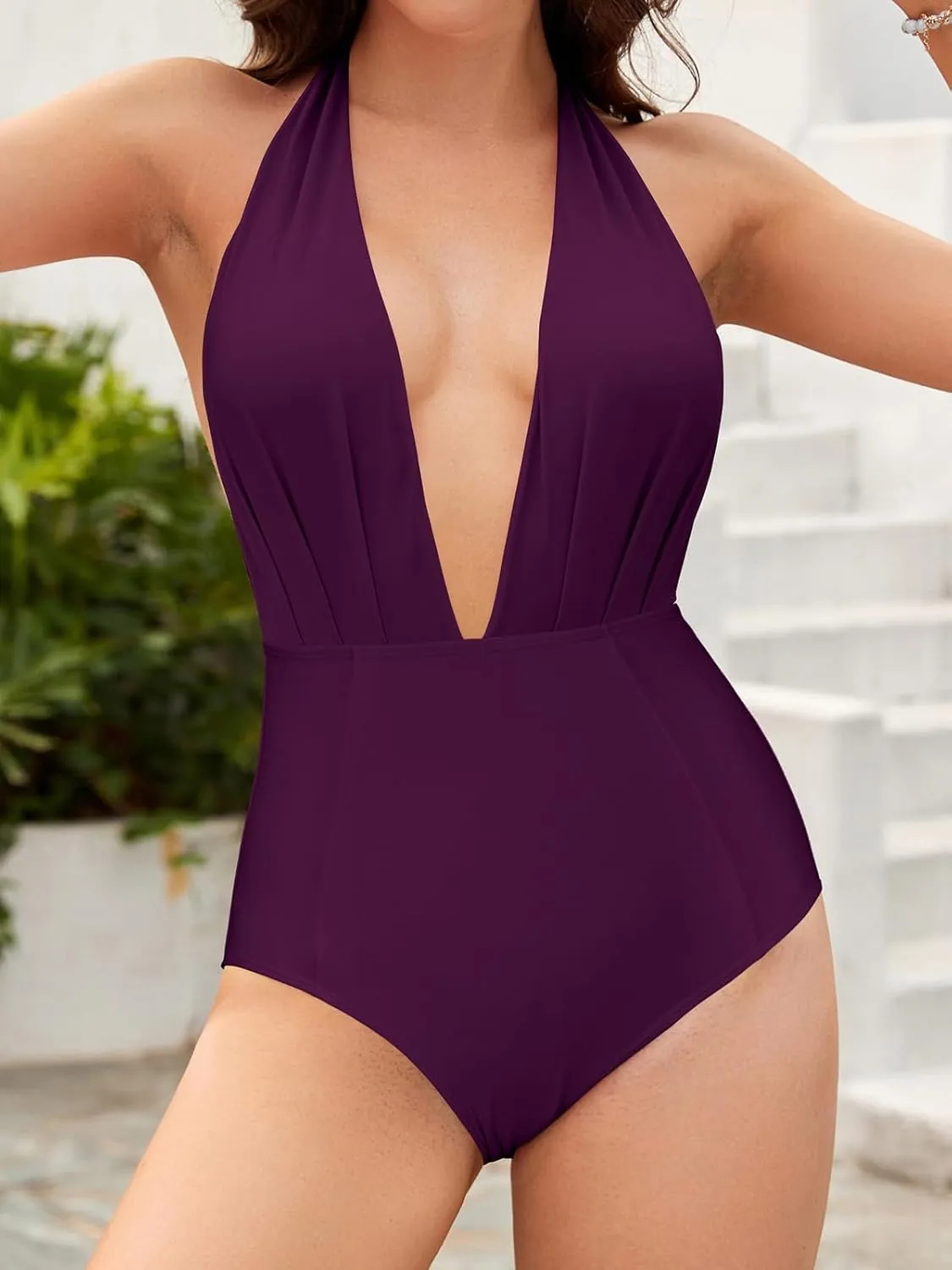 SHEKINI Women's Retro Deep V-Neck Bathing Suit Backless High Waisted One Piece Swimsuit