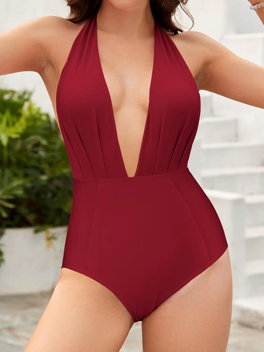 SHEKINI Women's Retro Deep V-Neck Bathing Suit Backless High Waisted One Piece Swimsuit