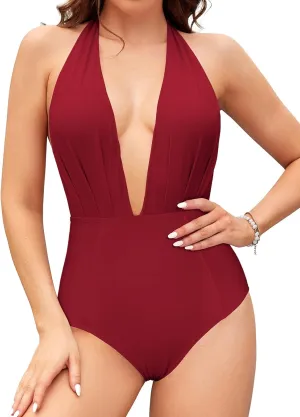 SHEKINI Women's Retro Deep V-Neck Bathing Suit Backless High Waisted One Piece Swimsuit