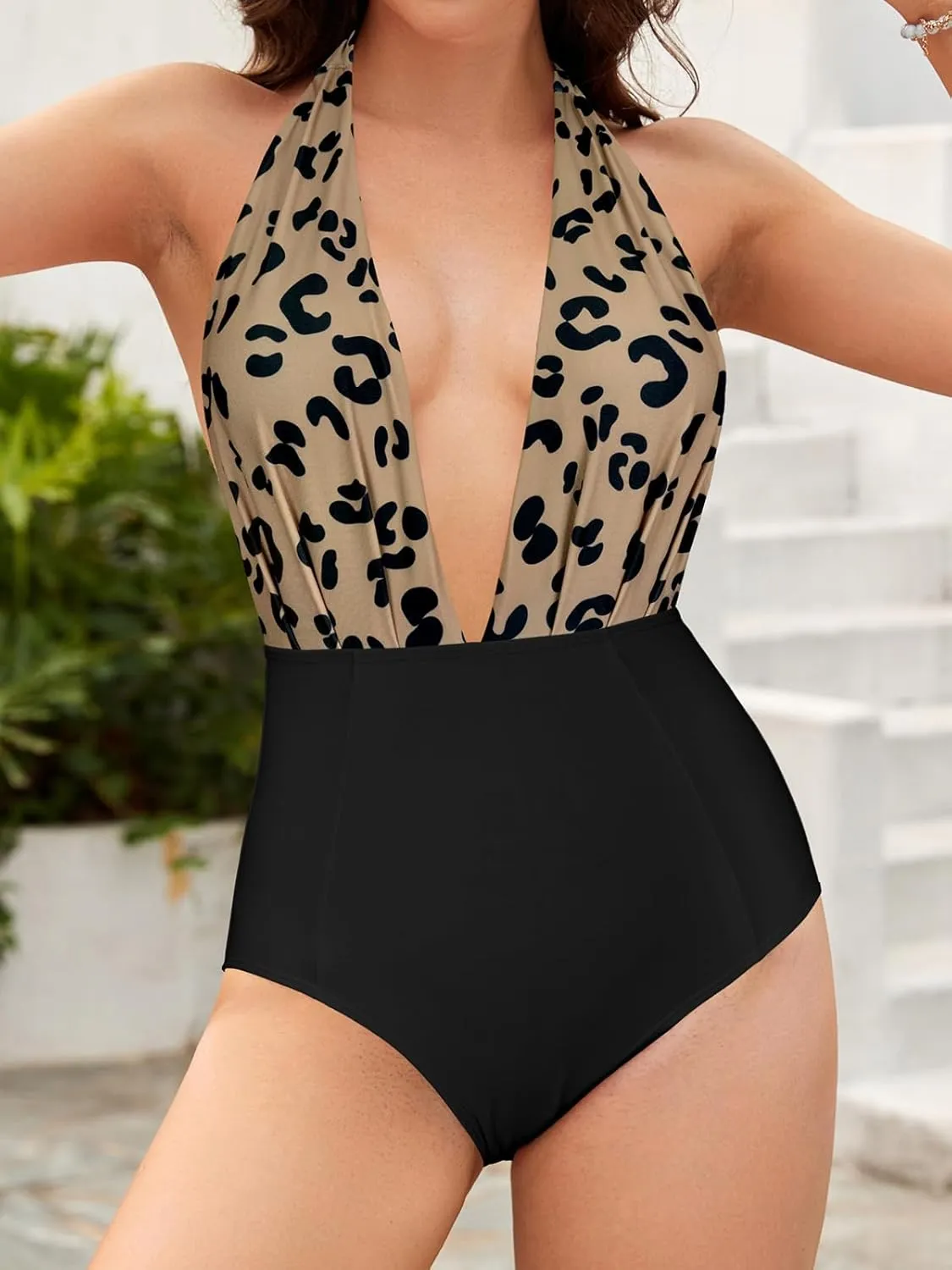 SHEKINI Women's Retro Deep V-Neck Bathing Suit Backless High Waisted One Piece Swimsuit