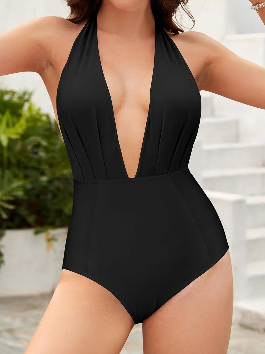 SHEKINI Women's Retro Deep V-Neck Bathing Suit Backless High Waisted One Piece Swimsuit