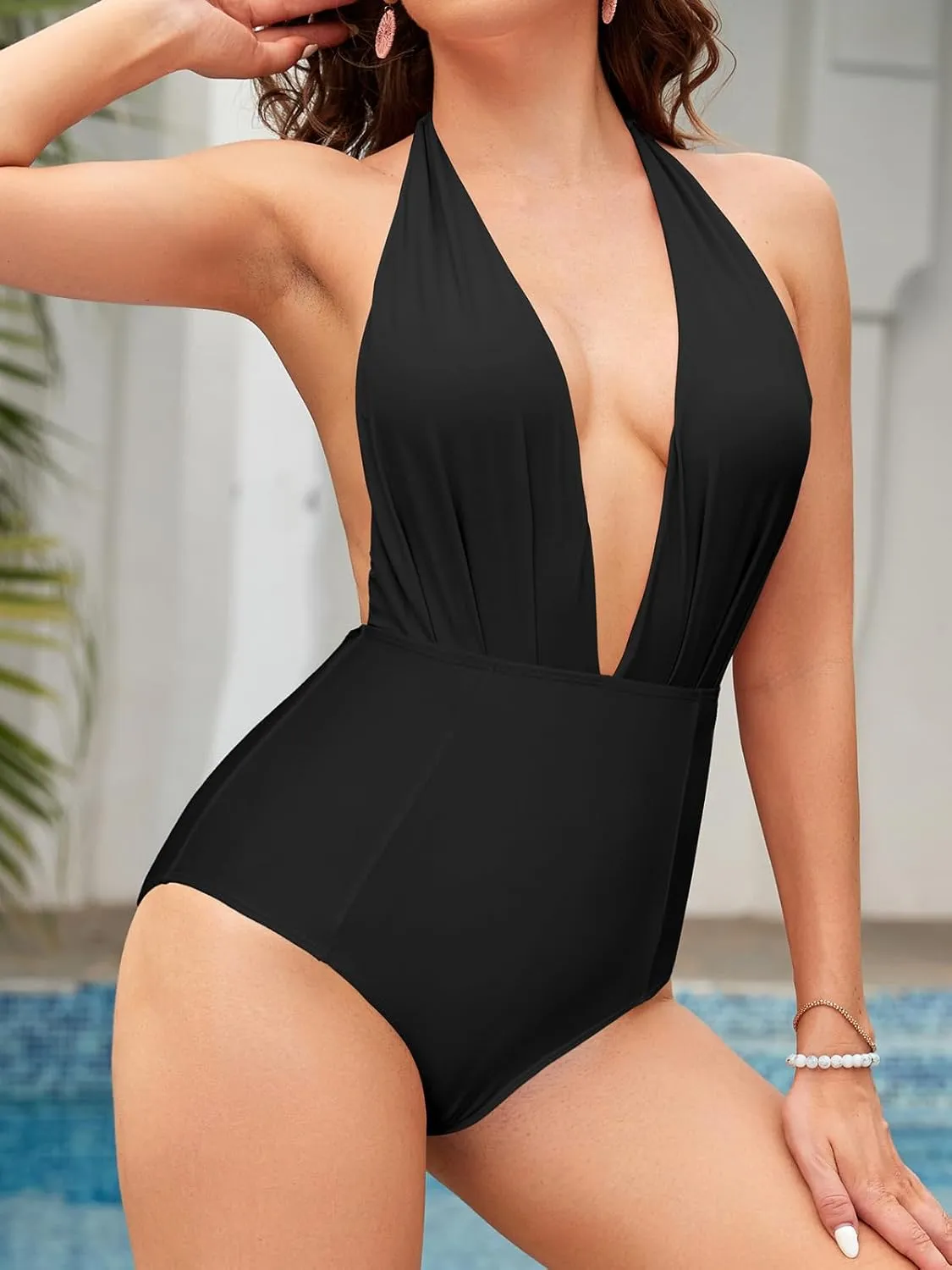 SHEKINI Women's Retro Deep V-Neck Bathing Suit Backless High Waisted One Piece Swimsuit