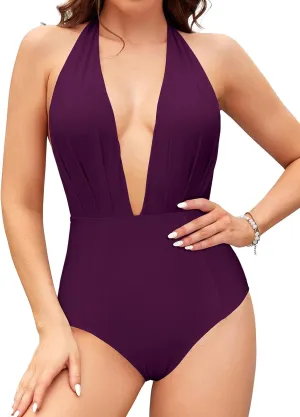 SHEKINI Women's Retro Deep V-Neck Bathing Suit Backless High Waisted One Piece Swimsuit