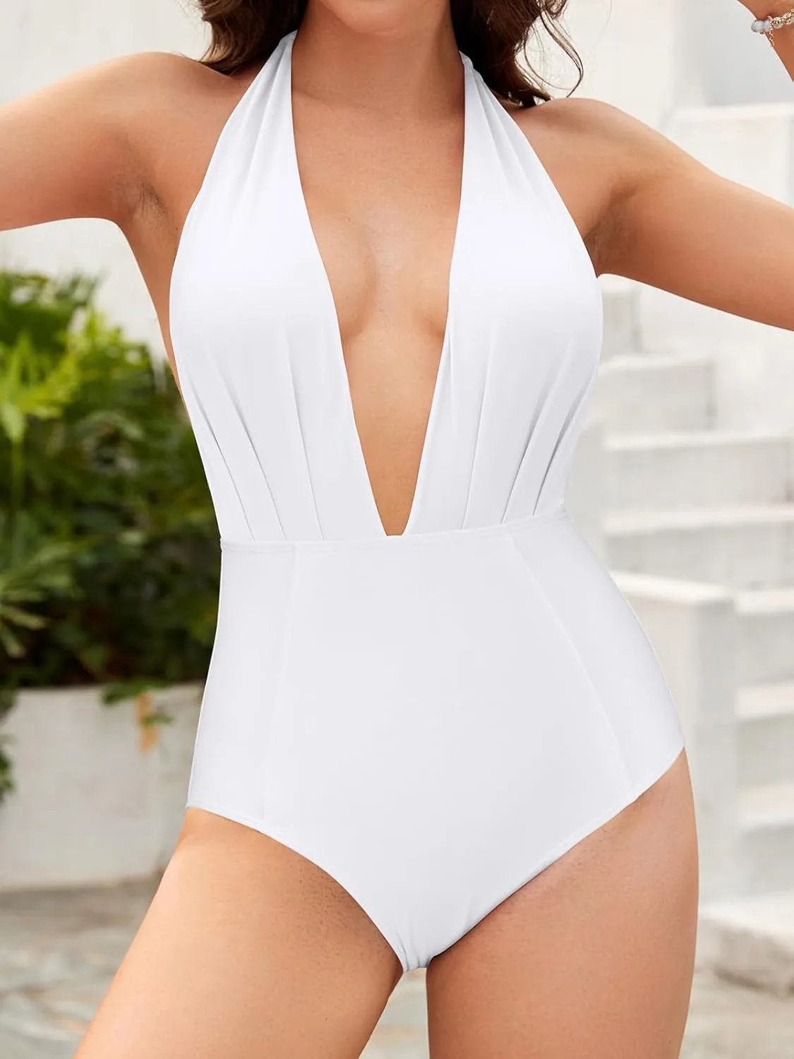 SHEKINI Women's Retro Deep V-Neck Bathing Suit Backless High Waisted One Piece Swimsuit