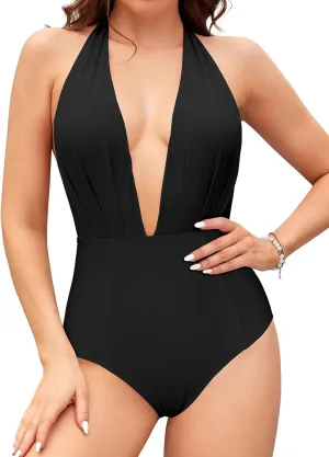 SHEKINI Women's Retro Deep V-Neck Bathing Suit Backless High Waisted One Piece Swimsuit