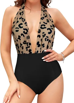 SHEKINI Women's Retro Deep V-Neck Bathing Suit Backless High Waisted One Piece Swimsuit