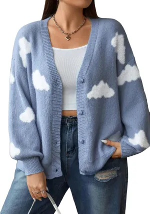 SHENHE Women's Plus Size Button Down Cute Cloud Cardigan V Neck Soft Loose Cardigan Sweater