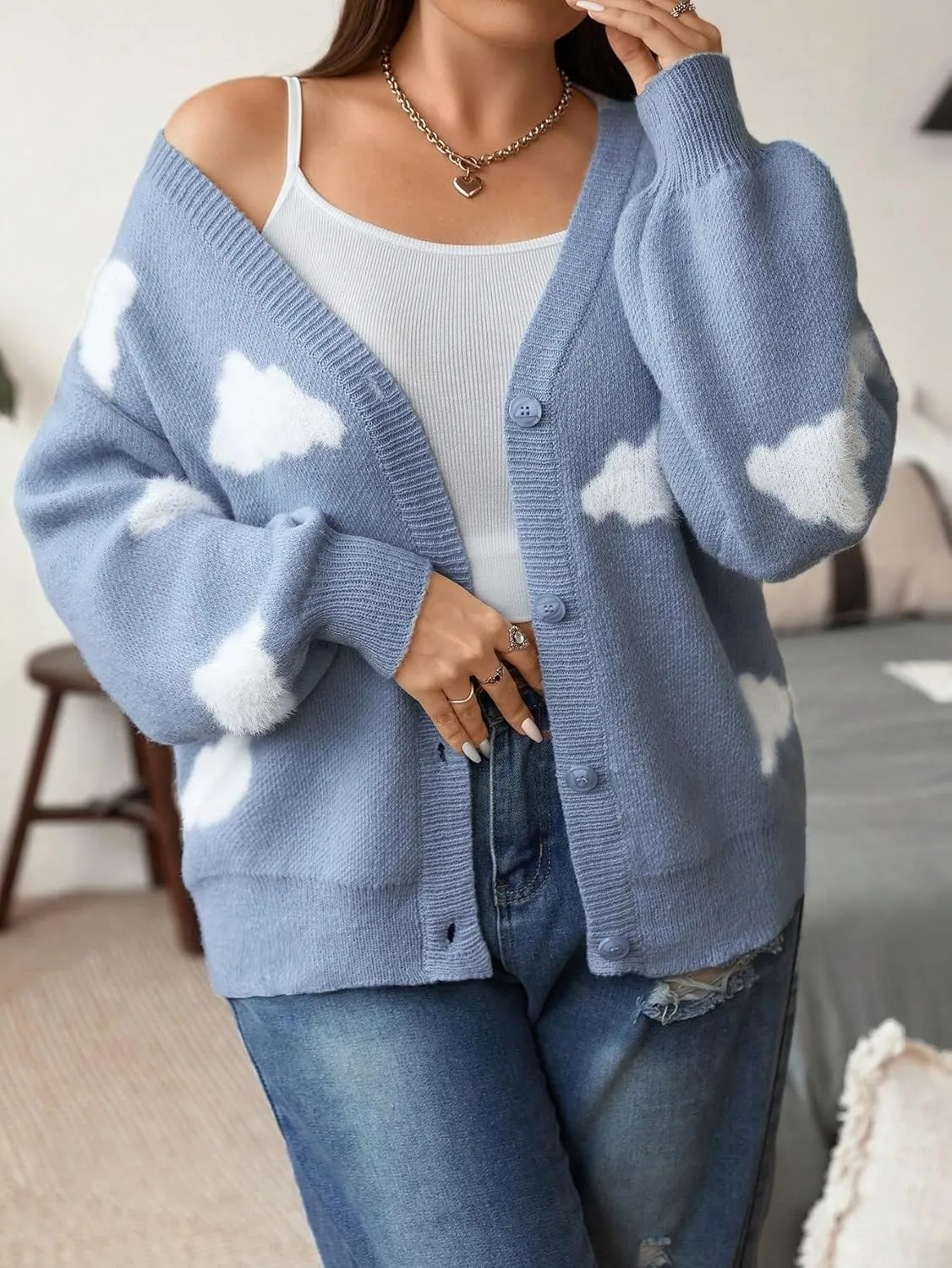 SHENHE Women's Plus Size Button Down Cute Cloud Cardigan V Neck Soft Loose Cardigan Sweater