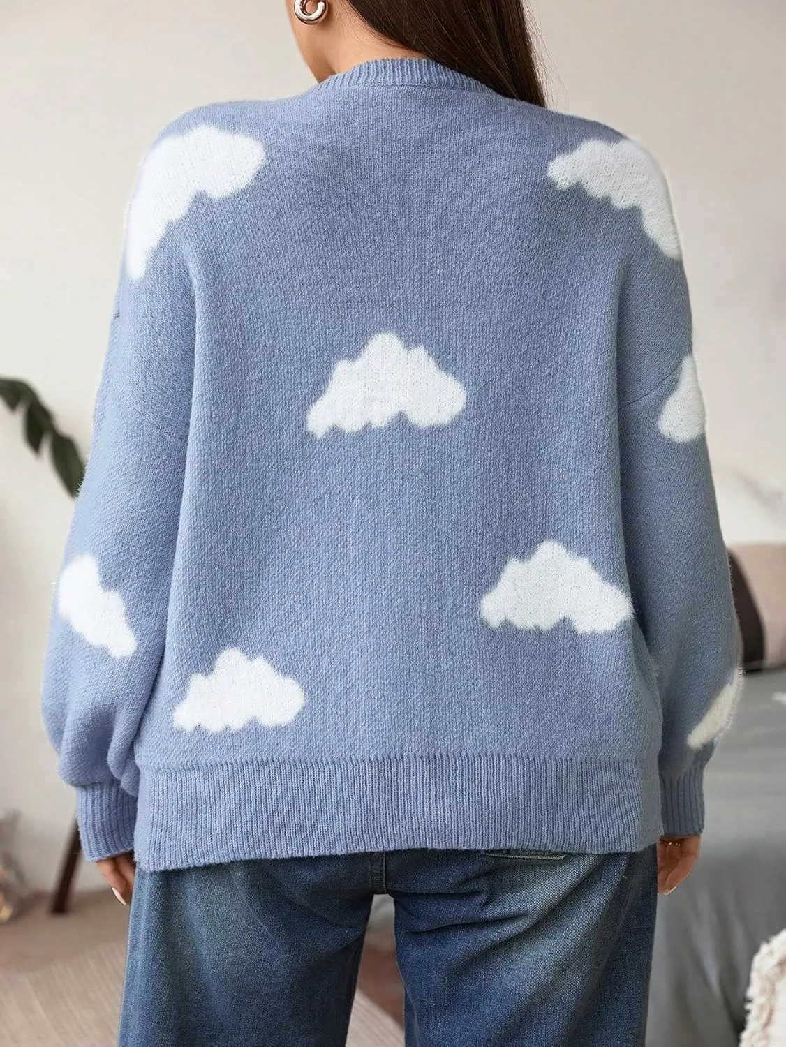 SHENHE Women's Plus Size Button Down Cute Cloud Cardigan V Neck Soft Loose Cardigan Sweater