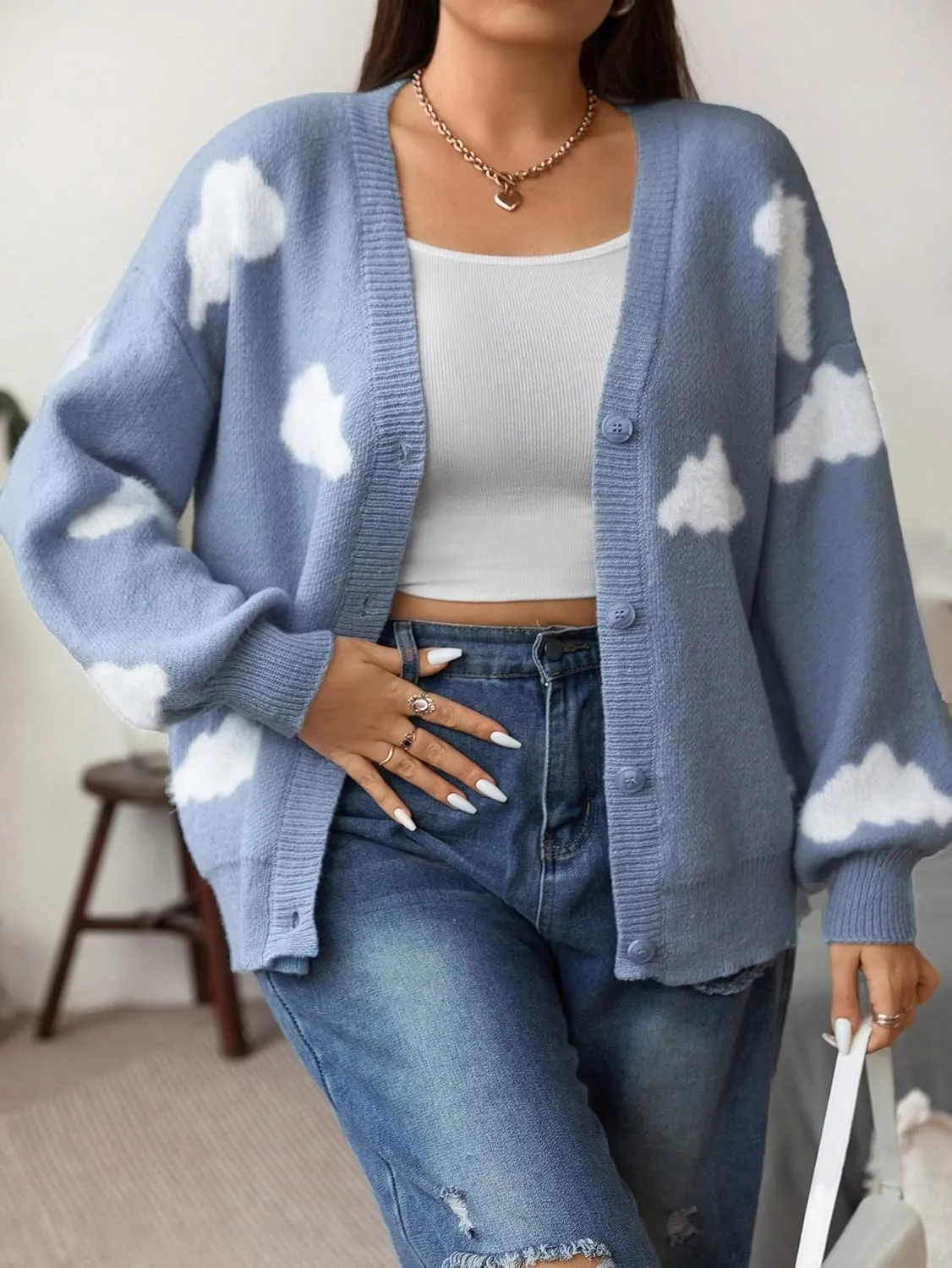 SHENHE Women's Plus Size Button Down Cute Cloud Cardigan V Neck Soft Loose Cardigan Sweater