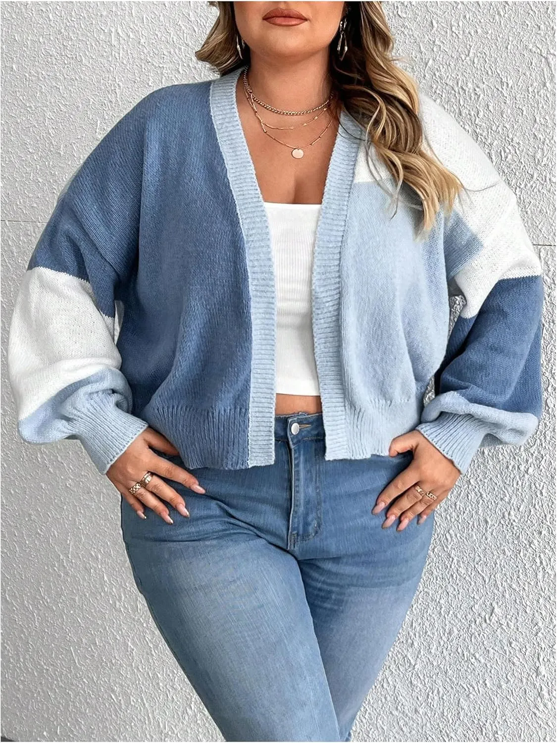 SHENHE Women's Plus Size Color Block Cardigan Open Front Drop Shoulder Cropped Cardigan Sweater