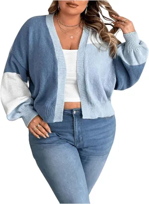 SHENHE Women's Plus Size Color Block Cardigan Open Front Drop Shoulder Cropped Cardigan Sweater