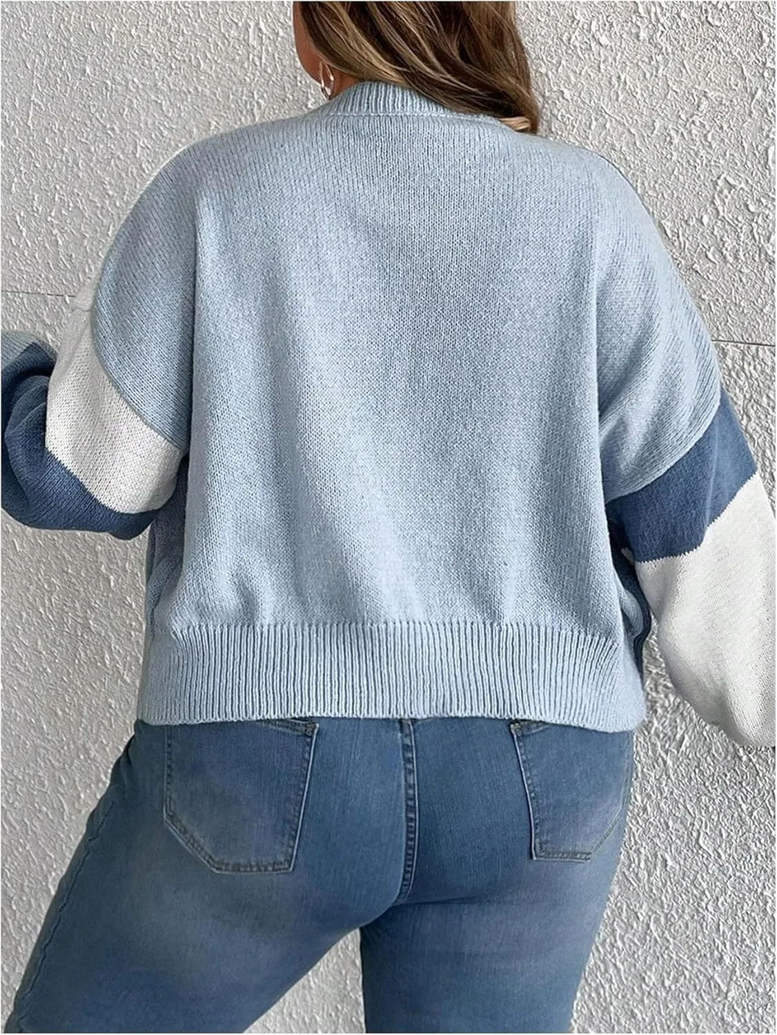 SHENHE Women's Plus Size Color Block Cardigan Open Front Drop Shoulder Cropped Cardigan Sweater
