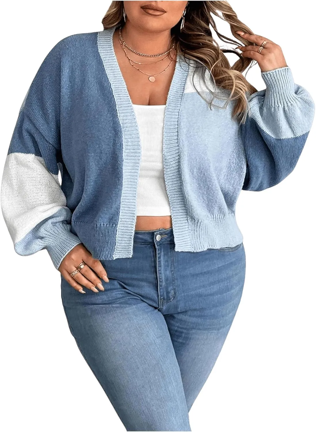 SHENHE Women's Plus Size Color Block Cardigan Open Front Drop Shoulder Cropped Cardigan Sweater