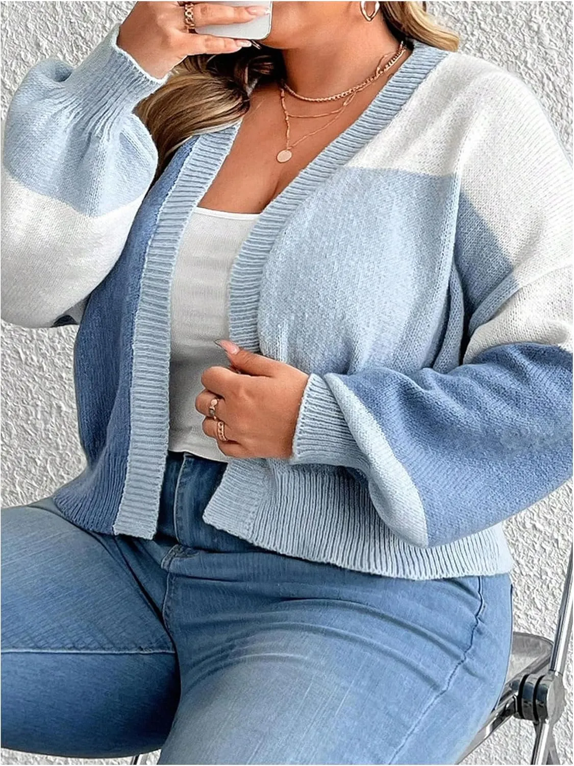 SHENHE Women's Plus Size Color Block Cardigan Open Front Drop Shoulder Cropped Cardigan Sweater