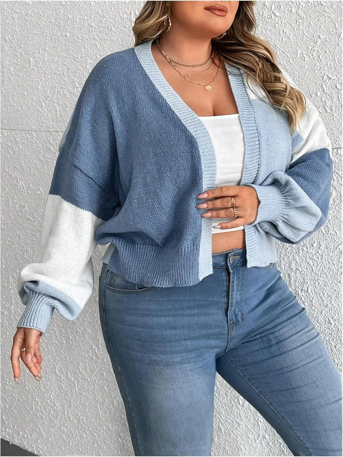 SHENHE Women's Plus Size Color Block Cardigan Open Front Drop Shoulder Cropped Cardigan Sweater