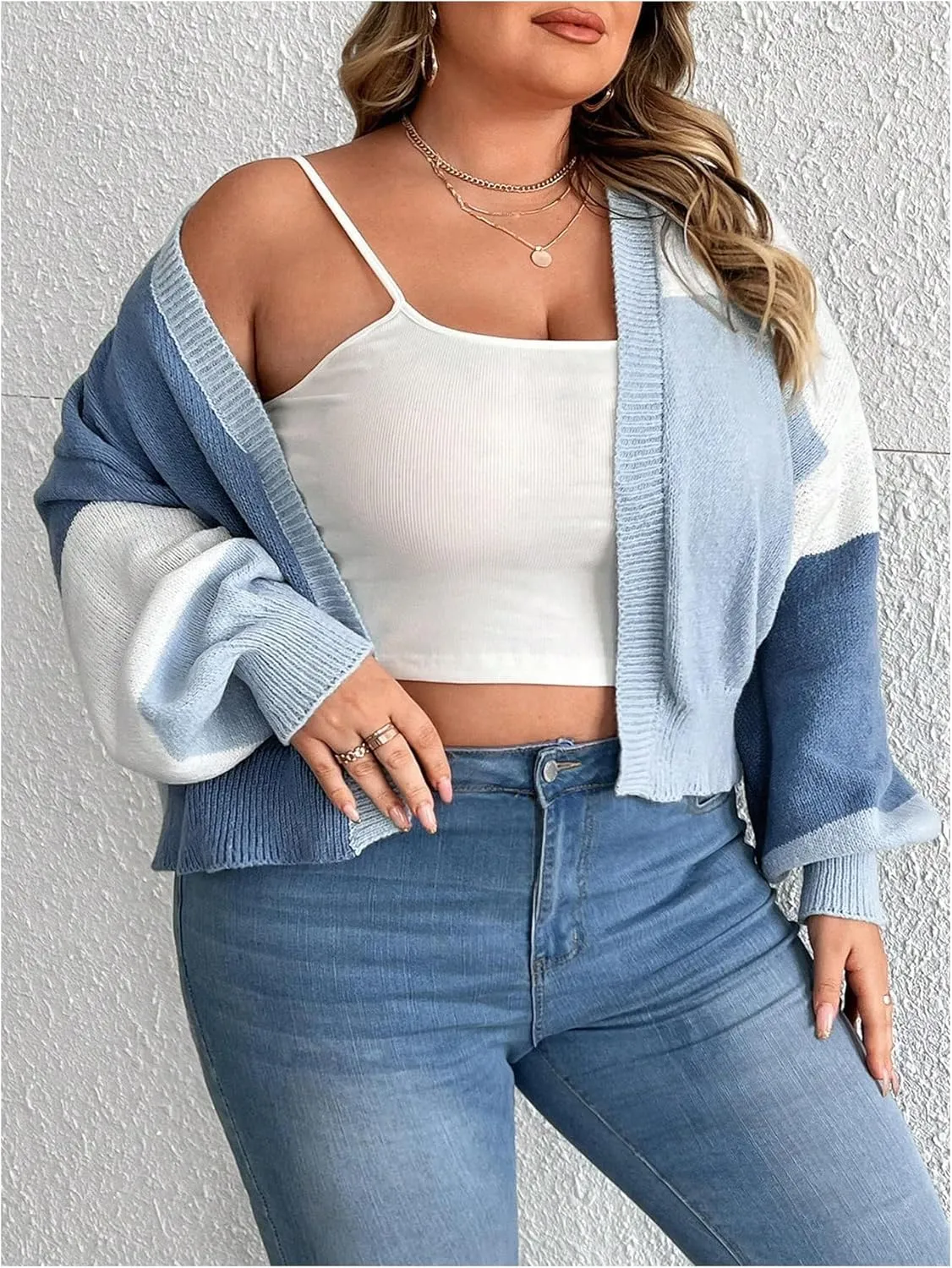 SHENHE Women's Plus Size Color Block Cardigan Open Front Drop Shoulder Cropped Cardigan Sweater