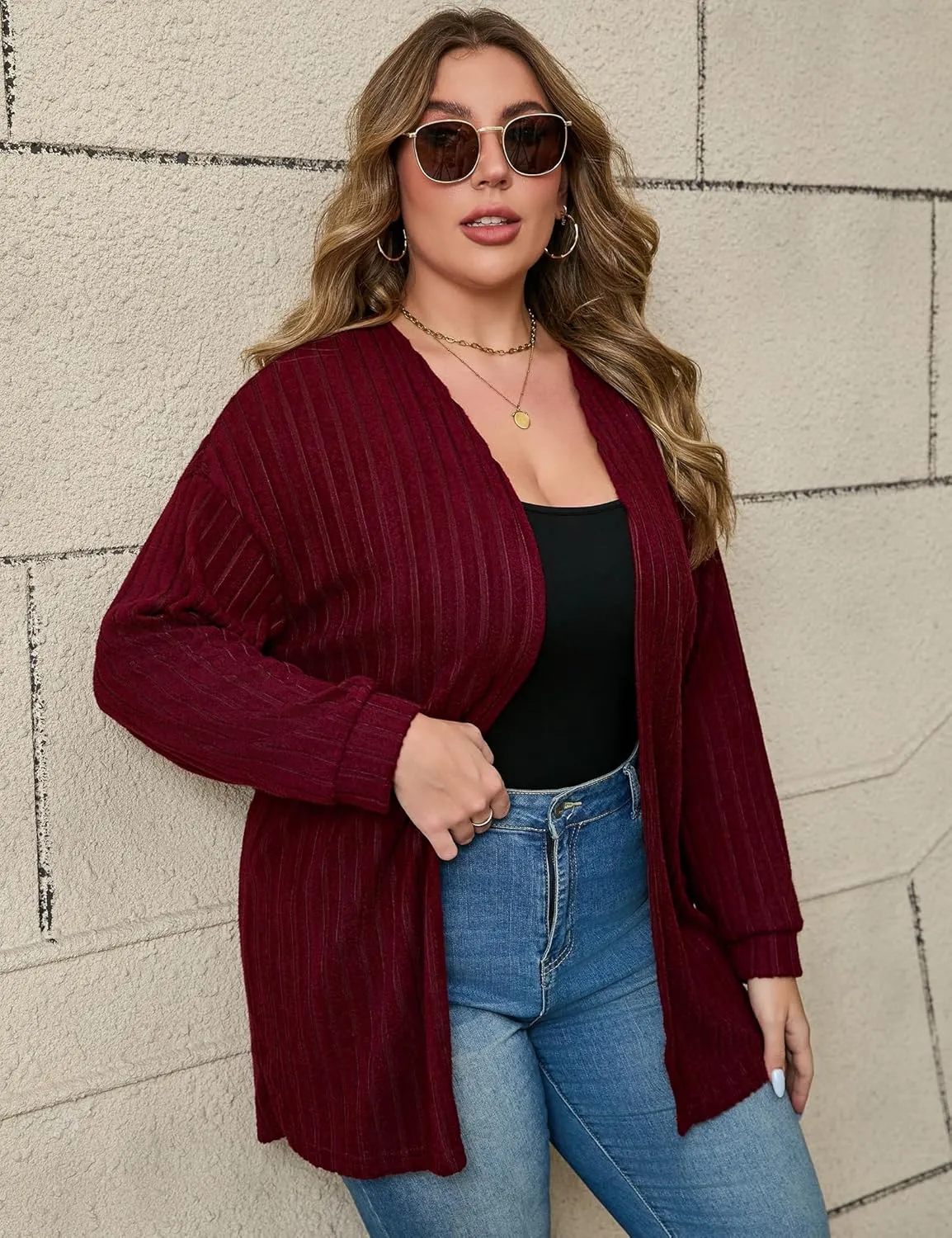 ShopWonder Women Plus Size Cardigan Sweater Ribbed Knit Open Front Long Sleeves Comfy Stretchy Fall Cardigan Jacket