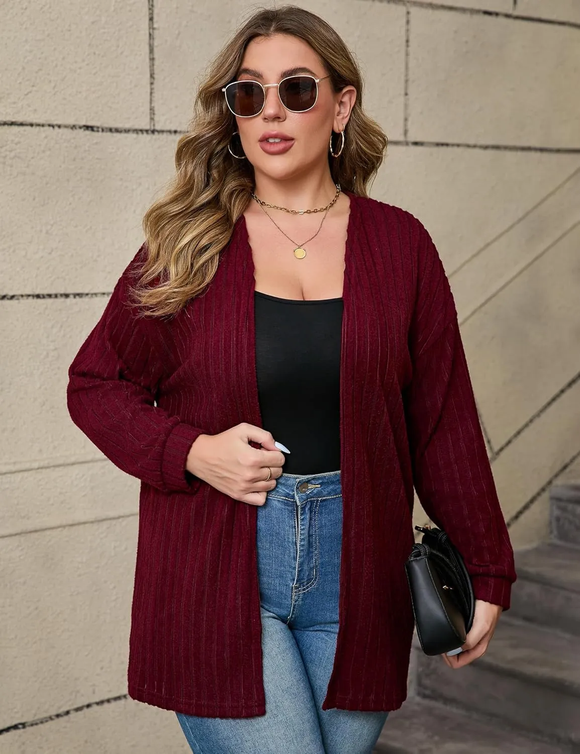 ShopWonder Women Plus Size Cardigan Sweater Ribbed Knit Open Front Long Sleeves Comfy Stretchy Fall Cardigan Jacket