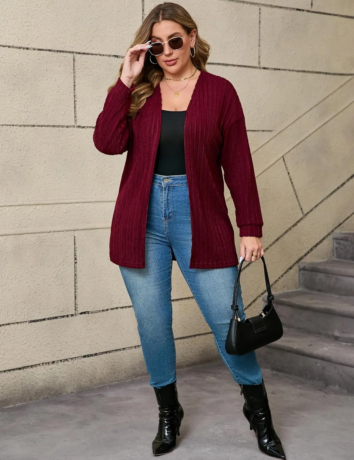 ShopWonder Women Plus Size Cardigan Sweater Ribbed Knit Open Front Long Sleeves Comfy Stretchy Fall Cardigan Jacket