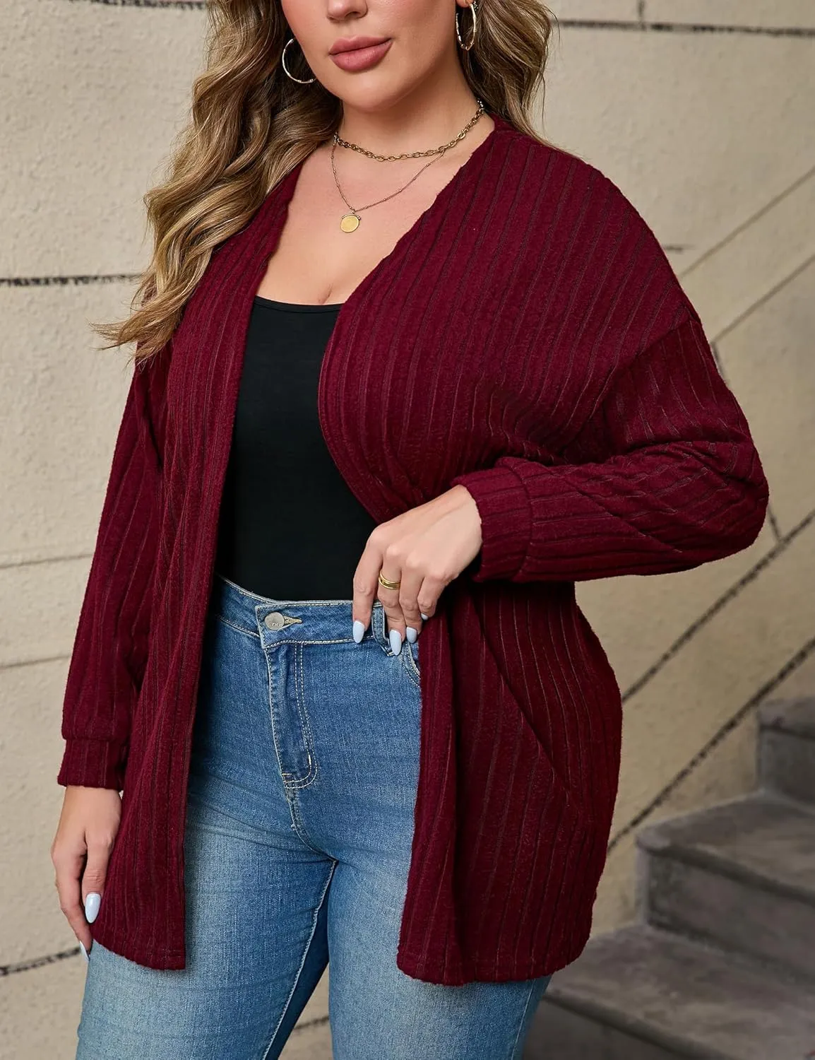 ShopWonder Women Plus Size Cardigan Sweater Ribbed Knit Open Front Long Sleeves Comfy Stretchy Fall Cardigan Jacket