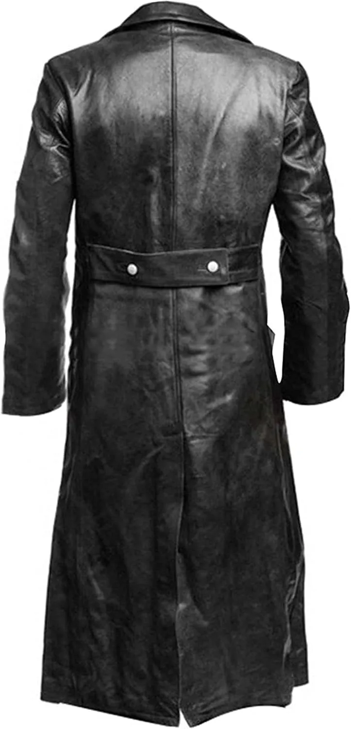 SKY-SELLER German Classic Officer WW2 Military Uniform Black Leather Trench Coat