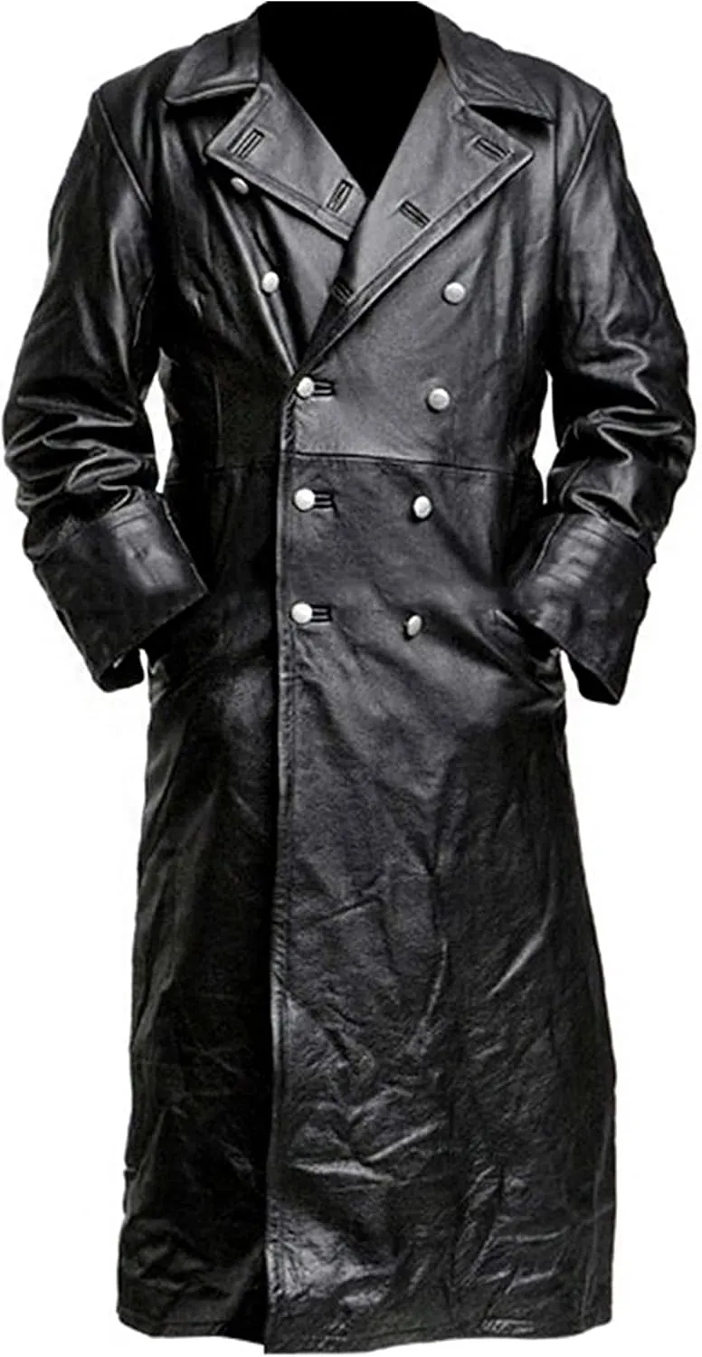 SKY-SELLER German Classic Officer WW2 Military Uniform Black Leather Trench Coat